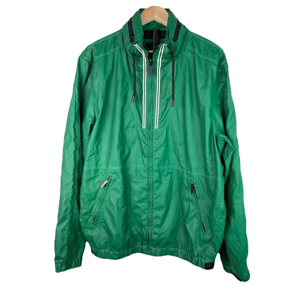 Zara Man XXL Green Mesh Lined Full Zip Hooded Windbreaker Jacket